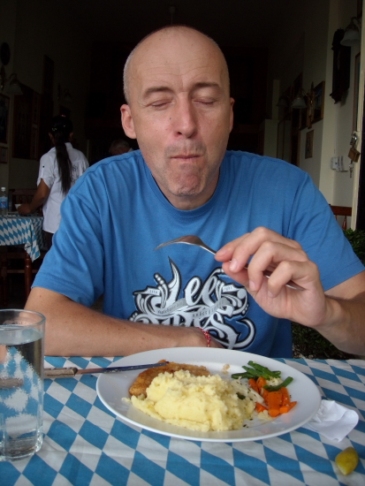 enjoying wiener schnitzel at the edelweiss restaurant in phnom penh, 42nd birthday.JPG